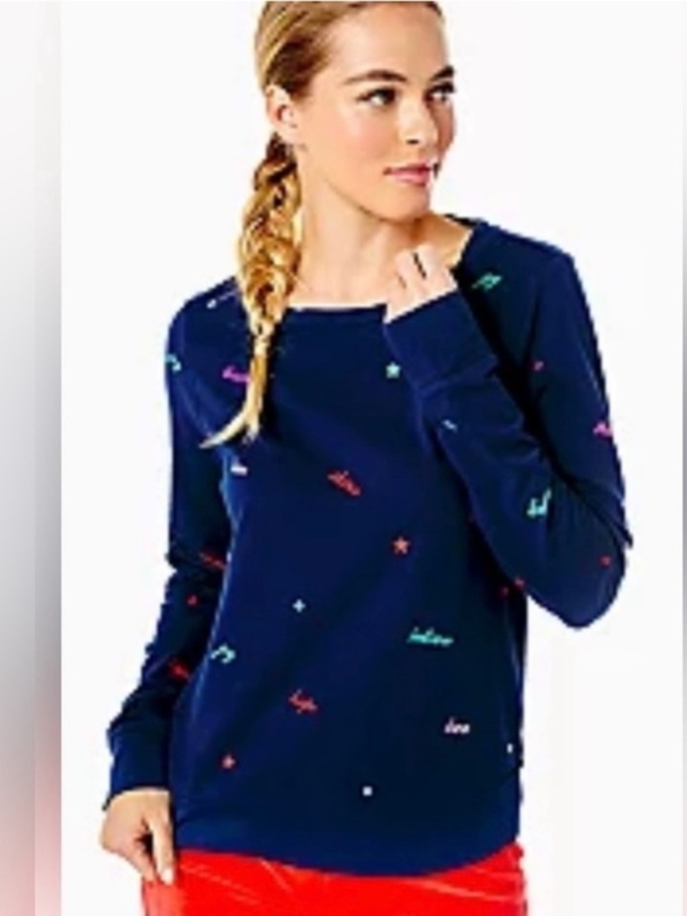 Lilly Pulitzer Rami Good Vibes Embroidered Crewneck Sweatshirt Low Tide Navy L‎ - Picture 3 of 4